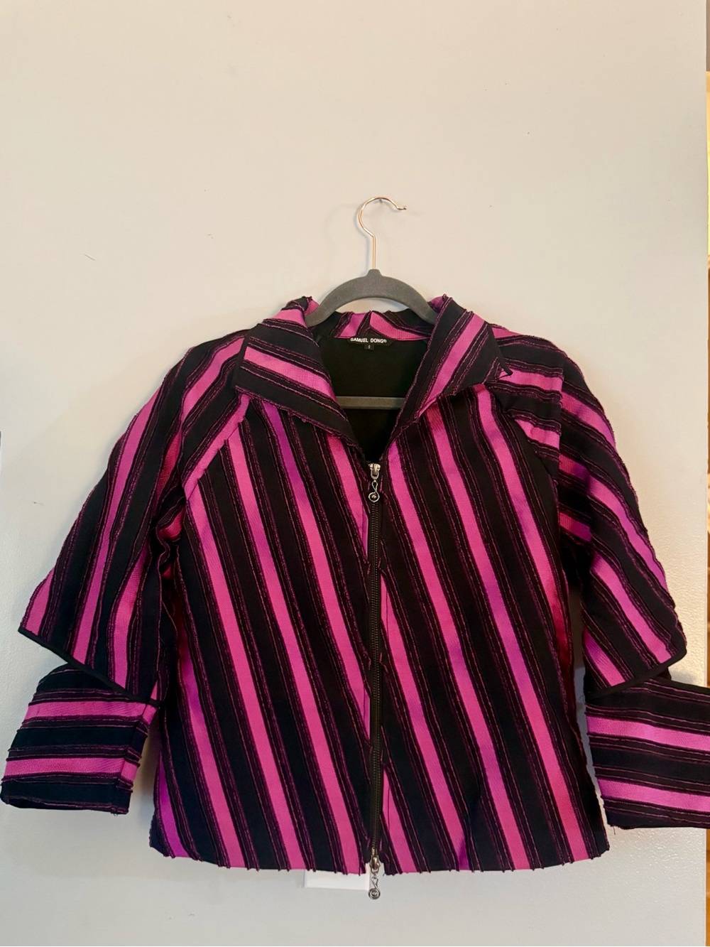 Samuel Dong Pleated Striped Jacket Pink Black Structural Cutout Sleeve Sz S